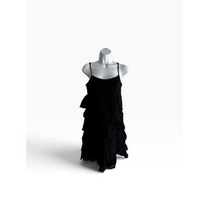 Promod Tiered Ruffle Mini Dress 8 Black Cotton Gauze Boho LBD